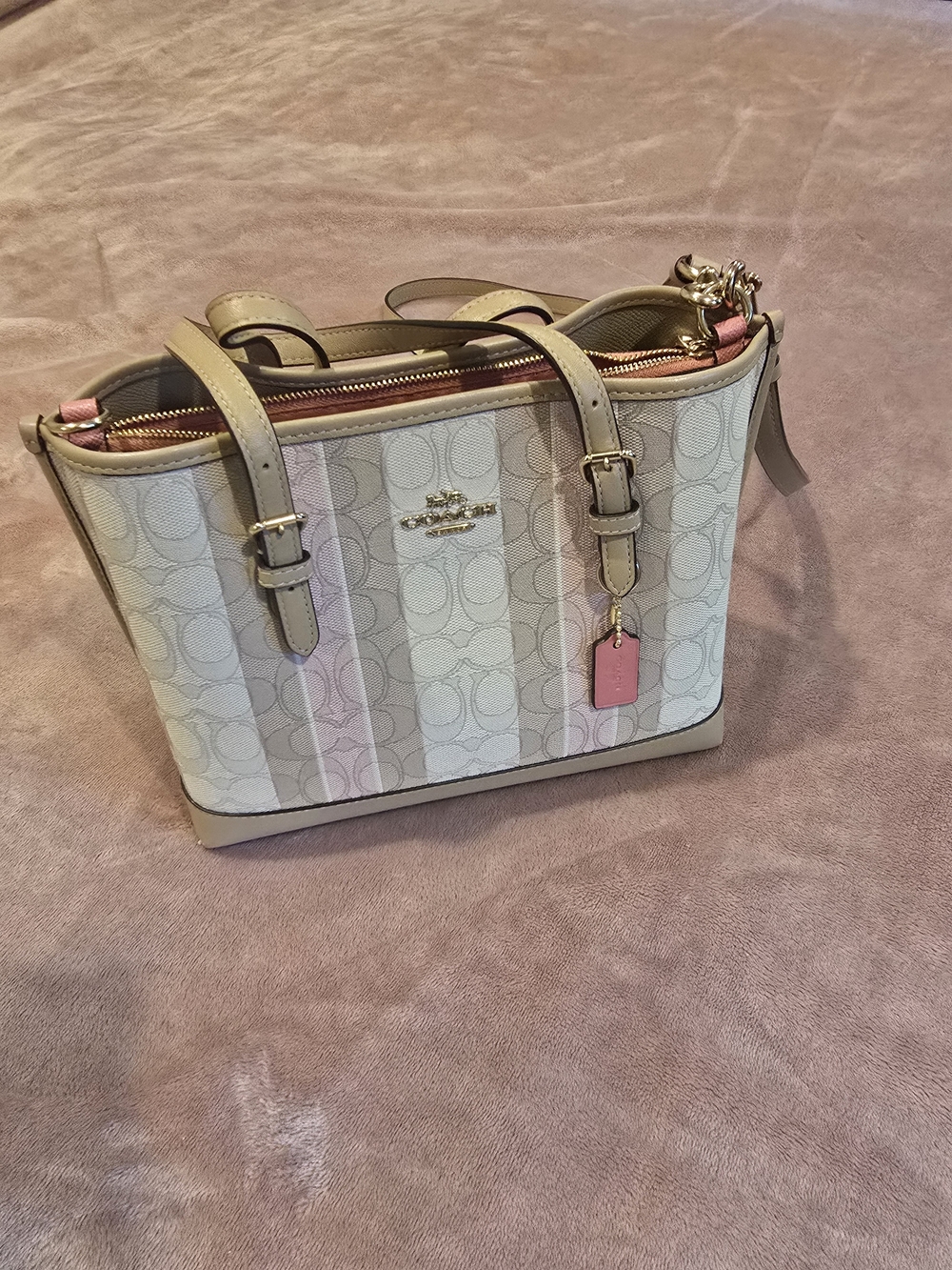 Coach Cream Stripe Tote with Pink Accent